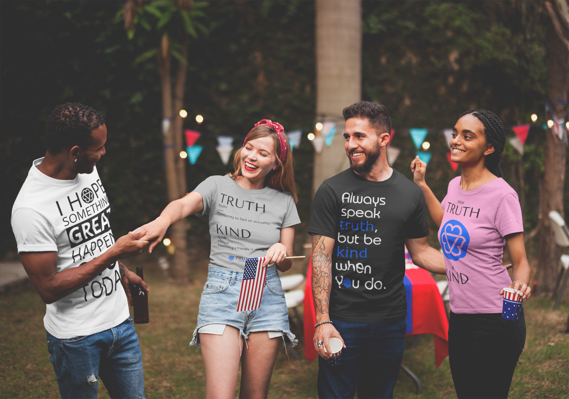 Four friends enjoying themselves at a BBQ party and wearing shirts with positive messages.